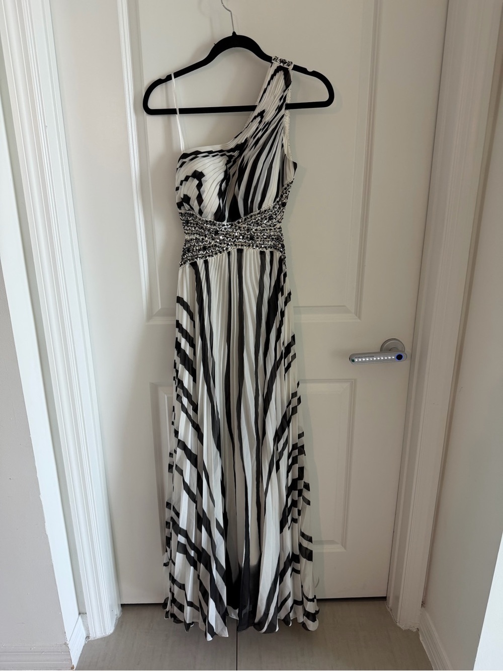 One-Shoulder Black and White Striped Evening Dress